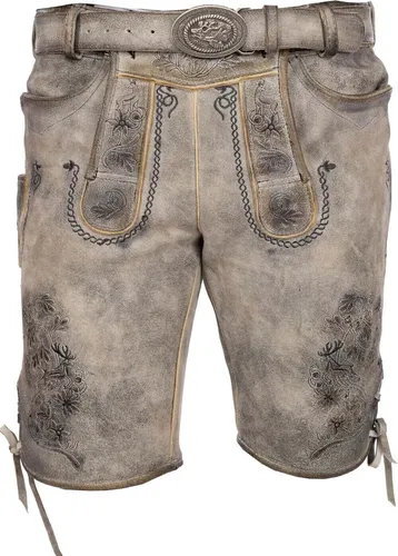 Maddox Lederhose HOCHGERN – Rustikale Trachtenmode - Bequeme Herrenlederhose aus echtem Ziegenleder, ideal für Sommertage. Das Modell HOCHGERN in Nappato-Stein überzeugt durch traditionelle Verzierungen und passt perfekt zu lässigen Shirts oder festlicher Trachtenmode.