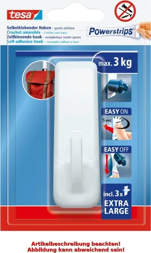 tesa Powerstrips Klebehaken XL Rechteckig, weiß, 3 kg Halteleistung Klebehaken