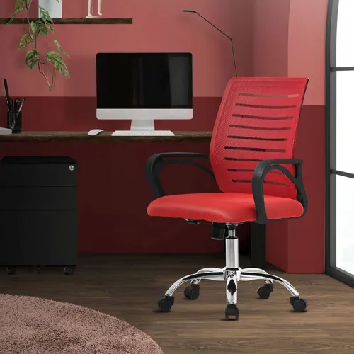 ML-Design Ergonomischer Bürostuhl Rot - 360° Drehstuhl mit Rollen - Bürostuhl mit atmungsaktiver Netzrückenlehne, höhenverstellbar (43-52 cm) und bis 130 kg belastbar, ideal für langen Komfort am Arbeitsplatz.