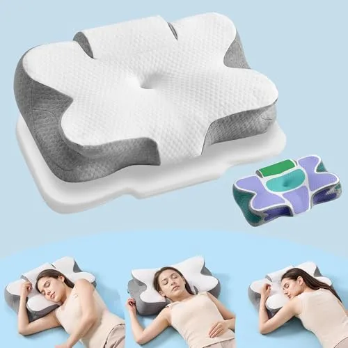 SONGMICS Kopfkissen, Kissen ergonomisch, Nackenkissen, höhenverstellbar, Schlafkissen, Memory Foam Kissen, für Seitenschläfer, Rückenschläfer & Bauchschläfer, wolkenweiß-Taubengrau TBP051GZ02