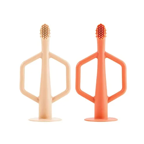 Tiny Twinkle - Baby selbstberuhigende, weich lernende Silikon-Zahnbürste, 2er-Pack - Sand/Koralle