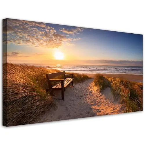 Feeby Leinwandbild - Bilder Wohnzimmer - Strand Meeresdünen Sonnenuntergang - 80x40 1tlg - Deko Schlafzimmer - Wanddekoration - Aesthetic - Groß Moderne Bild - Foto auf Leinwand