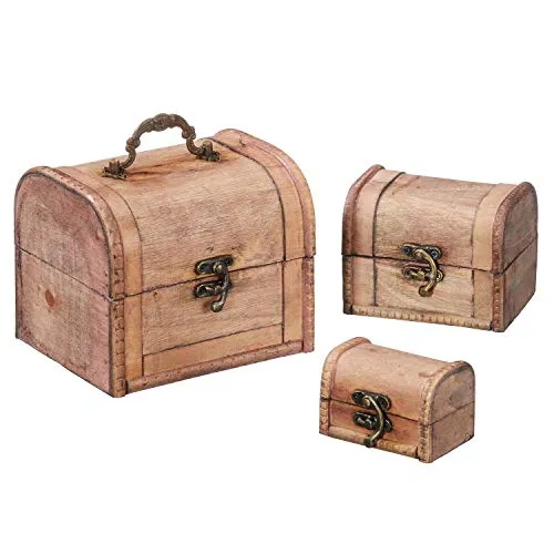 Geschenkestadl Schatztruhe Set Holz Truhe Schatzkiste Schmuckkästchen 3 Stück Hellbraun