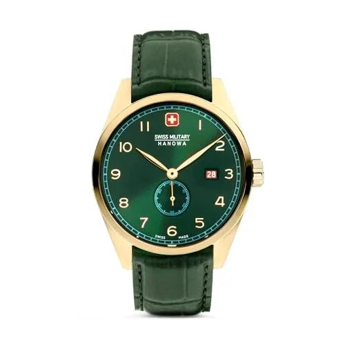 SWISS MILITARY HANOWA Herrenuhr Lynx 42mm - Quarz mit grünem Lederarmband - Herrenuhren mit Swiss Made Quarzwerk, wasserdicht bis 10 bar und elegantem, grünem Lederarmband für den modernen Mann.