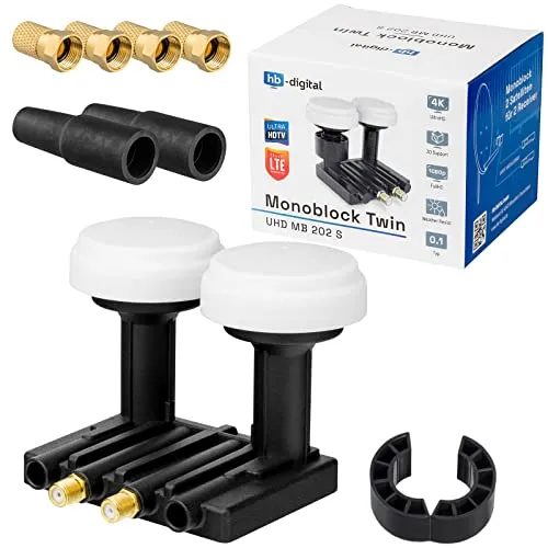 Twin Monoblock LNB 0,1dB Doppel LNC HB DIGITAL SET 2 Teilnehmer Direkt 2 Sat Astra 19,2° Hotbird 13° FULL HD TV 3D Ultra HD 4K + 2 x Gummitülle + 4 x 8,2mm F-Stecker vergoldet