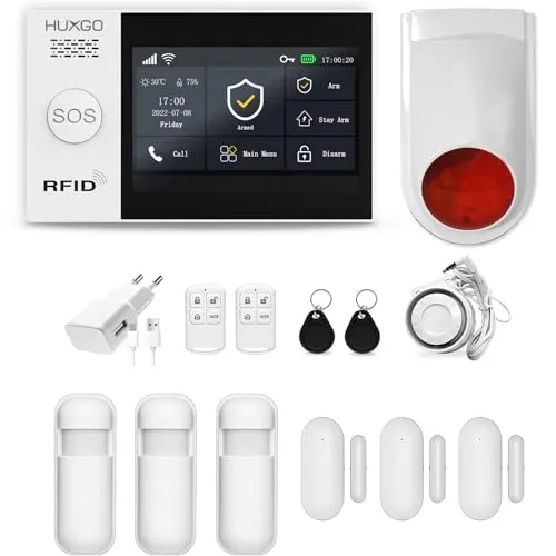 HUXGO HXA007 Funk Alarmanlage mit zweiter Alarmksirene, WiFi + GSM Modul, 3X Bewegungssensoren 3X Türöffnungsmelder - Bewegungsmelder mit Alarm - Alarmanlage Haus-Alarmanlage Wohnung