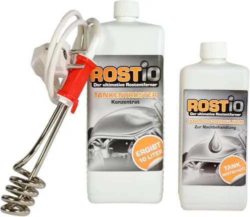 Liter Tankentroster plus 500ml Tank-Schutzemulsion plus Tauchsieder Set 1 - Rostschutz Set mit Tankentroster und Schutzemulsion, ideal für die effektive Bekämpfung von Rost und Korrosion in Tanks.