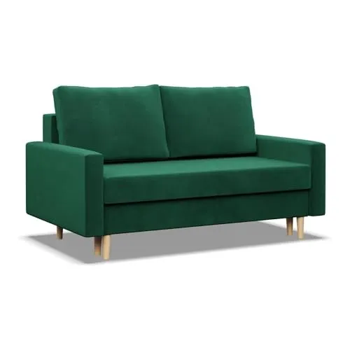 Mebligo - Sofa Mit Schlaffunktion und Bettkasten Blank, 2 Sitzer 152 cm Breit, Schlafsofa Mit Bonellfederkern im Sitz, Ausziehbares Couch auf Holzfüßen, Wohnzimmer - Flaschengrün