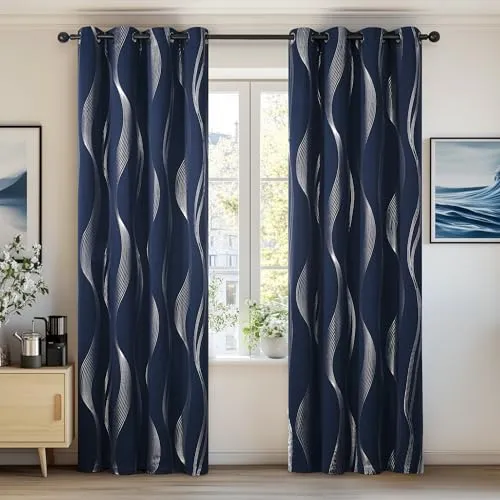Deconovo Verdunkelungsvorhang für Raum Verdunkeln Kälteschutz Thermogardine Hitzeschutz, Blickdicht mit Ösen, Vorhänge Wohnzimmer Modern, 138x117 cm(HöhexBreite), Dunkelblau, 2er Set