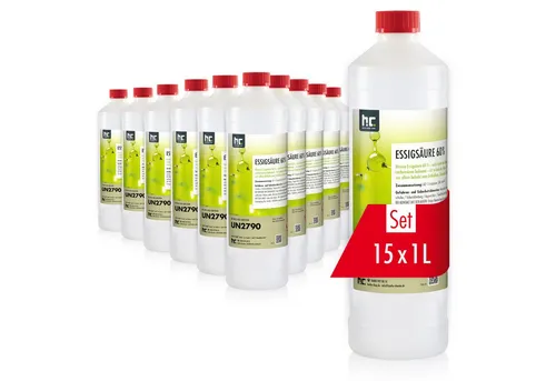Höfer Chemie 15x 1 L Essigsäure 60% - Reinigungsmittel - hochkonzentrierte Essigsäure für vielseitige Anwendungen im Haushalt, biologisch abbaubar und effektiv gegen Kalk und Rost.