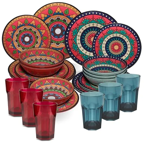 Melamin Geschirr Set Toskana Deep für 6 Personen - 24 Teile Rot-Grün - Mandala-Optik mit farblich passenden Trinkgläsern 400 ml Zubehör Campinggeschirr Wohnwagen Camping Festival Picknick Gartenparty