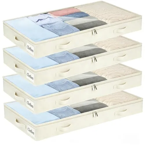 Unterbett Aufbewahrungsbox 2 Stück Unterbettkommode und klarem Deckel, 10cm hoch Kleideraufbewahrung & Organisation aus langlebigem Material, ohne feste Struktur, 4 Griffen & 2 Reißverschluss, Faltbar