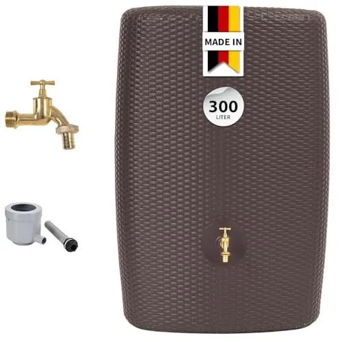 GARANTIA SUNDA Komplett-Set 300 L mocca - Gartenbewässerung Zubehör mit messbarem Komfort: Fertiges Set inklusive Messing-Auslaufhahn und Fallrohranschluss, UV-stabil und witterungsbeständig für langlebige Nutzung.