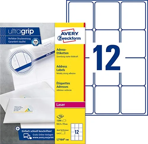 Avery UltraGrip Adressetiketten für große Umschläge - Weiß, 63.5 x 72 mm, 1200 Etiketten auf 100 Bögen - ideal für präzises Adressieren und professionelle Präsentation.