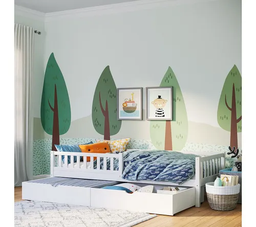 Bellabino Kinderbett Vils 90x200 cm - Hochwertiges Kinderbett aus Kiefer Massivholz, mit beidseitig montierbarem Rausfallschutz und großer Schublade für zusätzlichen Stauraum. Ideal für Kinderzimmer!