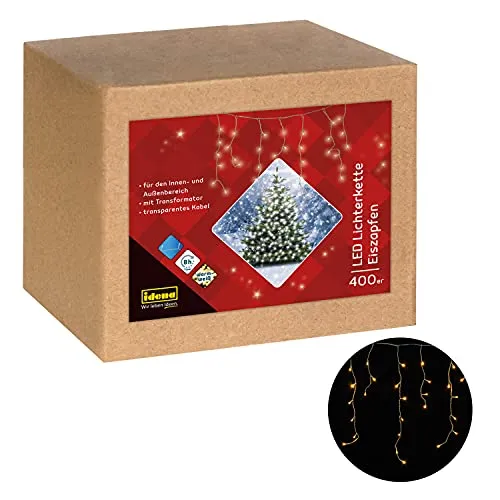 Idena LED Lichterkette Eiszapfen 400 LED Warmweiß mit Timer - Stimmungsvolle LED Lichterkette mit 400 warmweißen LEDs, ideal für Garten, Balkon und Weihnachtsdekoration. Mit Timerfunktion für automatisches Ein- und Ausschalten, Gesamtlänge ca. 10,27 m.