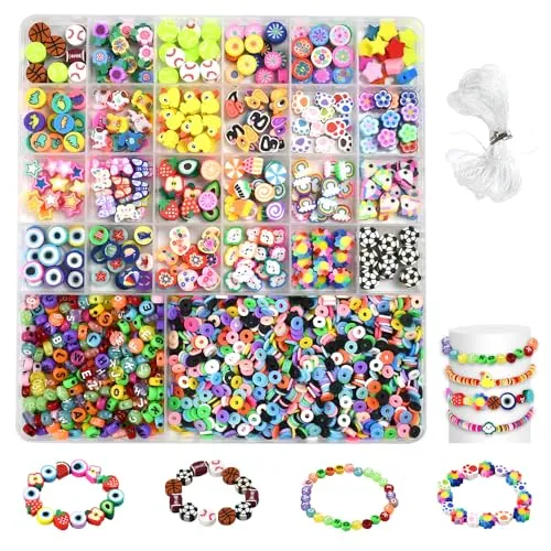 FuxFuis 2480pcs Perlen für Armbänder und 4 m Langer Kristalldraht, 24 Stile Bunte Perlen für DIY-Armbänder, Mädchen Bunt Schmuck Schnur Set zum Auffädeln DIY Armband Halsketten