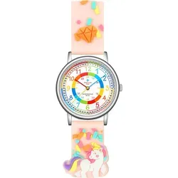 Alienwork Einhorn Lernuhr Kinderuhr Mädchen Uhrzeit lernen Silber Kautschuk-Armband Pink Mehrfarbig Kinder-Uhr Wasserdicht 5 ATM Zeit Lernen
