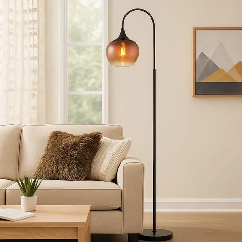 Elegante Bogenstehlampe mit kupferfarbenem Glasschirm - Stehleuchte für Wohnzimmer, bietet stilvolles Design und warmes Licht durch kupferfarbenen Glasschirm. Fußtrittschalter für komfortable Bedienung, ideal für moderne Einrichtungsstile.