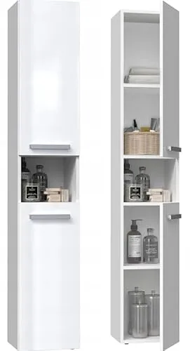 BDW - Badezimmer Schrank Hochschrank - Hoher Badschrank 174 x 31 x 30 cm - Mit Türen und offenem Fachboden, Türöffnungsseite wählbar - Weiß glänzend