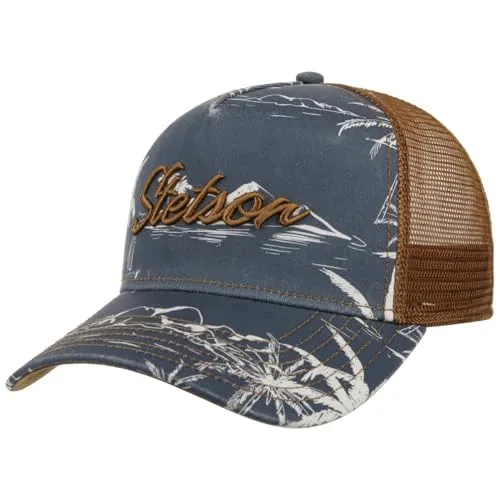 Stetson Minimal Aloha Print Trucker Cap Herren – Dunkelblau, One Size - Stilvolle Trucker Cap mit Palmen- und Bergmotiven für lässige Looks. Hergestellt in der EU aus 100% Baumwolle für hohen Tragekomfort und optimale Anpassung. Ideal für jeden Anlass, ob Sommer oder Winter.