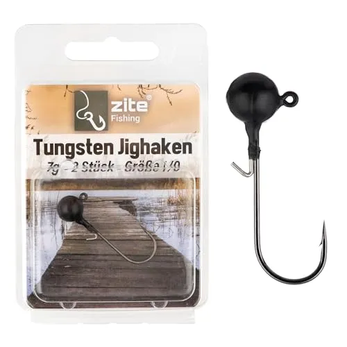 Zite Fishing Tungsten Jighaken Set | Bleifrei Jigköpfe mit Angelhaken 1/0-5/0 Matt-Schwarz | Ultrascharfe Jigheads Haken Barsch & Zander Angeln | Gummiköder Haken mit Angelgewicht (1/0 7,2g)