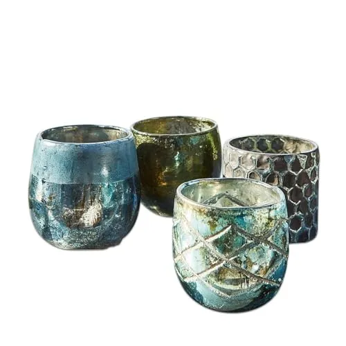 Loberon Windlicht Set Blau Grün Marine - Mundgeblasenes Glas - Deko Herbst & Winter - 4 Windlichter In Unterschiedlichen Größen