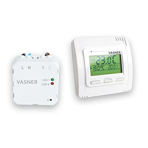 VASNER Funk Raumthermostat Set VFTB-US Unterputz - Thermostate für Infrarotheizungen, programmierbar mit bis zu 9 Empfängern für präzise Temperatursteuerung auf 0,5°C genau in großen Räumen.