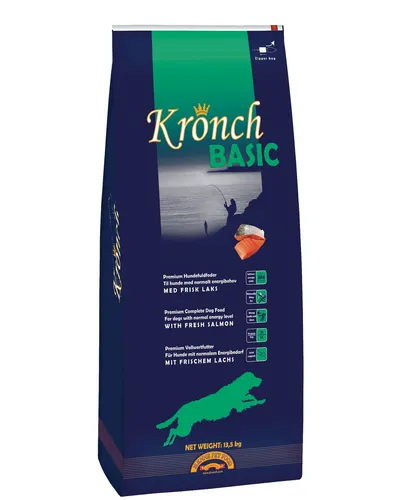 Kronch Basic Hundefutter 13,5 kg - Hochwertiges Hundefutter mit 16% frischem Lachs, reich an natürlichen Antioxidantien für gesunde Hunde. Ideal für eine ausgewogene Ernährung.