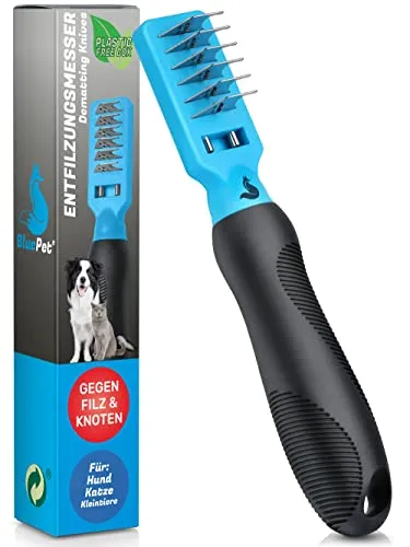 BluePet Profi Entfilzungskamm für Hunde und Katzen I Entfilzungshaken, Entfilzungsmesser, Entfilzungsharke Katze, Knoten Entferner Katze, Entfilzungskamm Hund, Entfernt Verfilzungen und Knoten