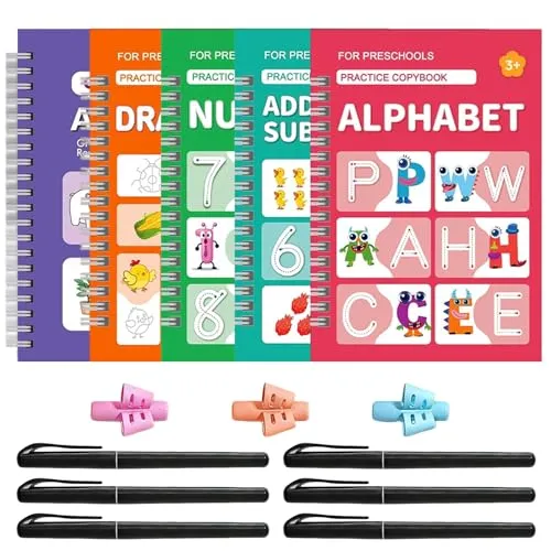 KINDLUME Magische Übungsheft, Schreibübungen für Kinder, Übungsheft Mit Gerillten Linien, Magic Book, Wiederverwendbares Schreiblern-Set, für Homeschooling, Vorschule und Kindergarten