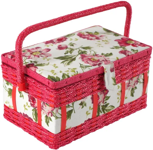 Kobolo Nähkorb Nähkästchen eckig rot mit Blumenmuster und Henkel (mit Organisationseinsatz)