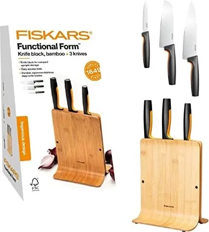 Fiskars Functional Form Bamboo Etui für Messer 1057553 - Küchenmesser-Set mit 3 scharfen Messern aus rostfreiem japanischem Stahl, sicherer Messerblock aus FSC-zertifiziertem Bambus für optimale Aufbewahrung und schnellen Zugriff beim Kochen.