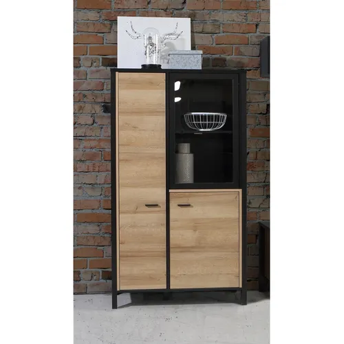 FORTE HIGH ROCK Vitrine mit 2 Türen und 1 Glastür - Glasvitrine aus Holzwerkstoff, pflegeleicht und mit eleganter Beleuchtungsoption für stilvolle Präsentation.