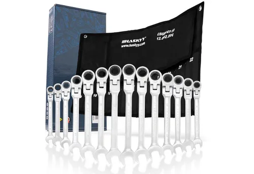 HASKYY Ratschenringschlüssel Set 14 tlg. 8-22mm - Werkzeug-Set mit 14 Gelenk-Maul Ringschlüsseln, ideal für enge Räume dank Ratschenfunktion und flexibler Gelenkmechanik.