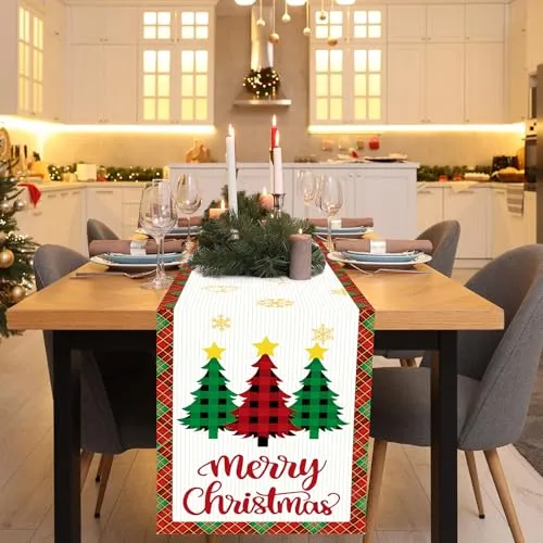 HONMOK Weihnachten Tischläufer 300 x 50cm Weihnachtsbaum Tischband Modern Weihnachtstischläufer mit Glocken Sterne Schneeflocken Rot Grün Weihnachtstischdecke Tischdeko Winter Drinnen Weihnachtsdeko