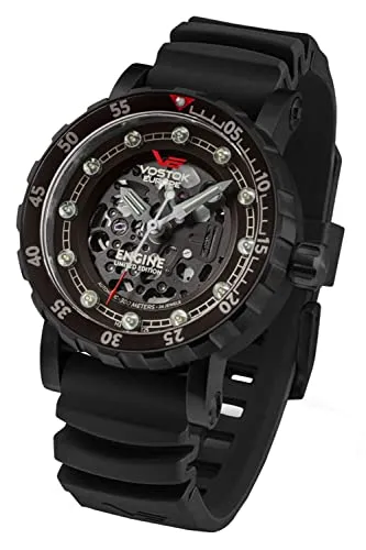 Vostok Europe Herren-Automatikuhr Engine Limited Edition Schwarz NH72-571C647 - Armbanduhren für Herren - Limitierte Auflage von 3000 Stück mit exquisitem Design und Sicht auf das Uhrwerk durch das Skelett-Zifferblatt.