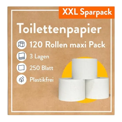 Rollen Toilettenpapier 3-lagig – 250 Blatt pro Rolle – Plastikfrei - Toilettenpapier B-Ware – Vorratspackung 120