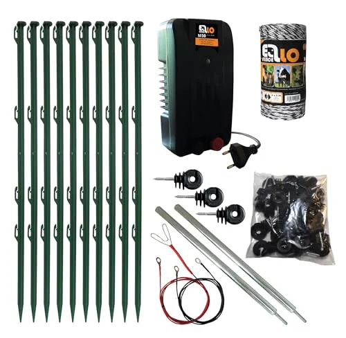 Ellofence Weidezaun Starterset - Sicherer Schutz für Tiere - Stallbedarf für Viehhaltung mit extrem leisem 230V Weidezaungerät, ideal zum Schutz vor Hunden und Katzen. Enthält 100m Weidezaunlitze und 10 grüne Pfähle für einfache Installation.
