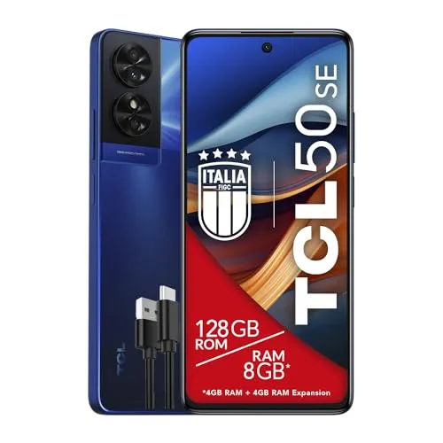 TCL 50SE Smartphone 4G Display 6,78 Zoll FHD+ 90 Hz, 128 GB, 8 GB RAM (4 GB + 4 GB RAM Erweiterung), 50 MP Hybrid Kamera, Android 14, Akku 5010 mAh Fast Charging, Dual SIM, Blau (Blau)
