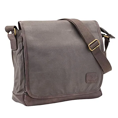 Pride and Soul Umhängetasche Reckless - Messenger-Bag aus robustem Canvas-Lederimitat-Mix mit praktischem Magnetverschluss und Laptopfach für schnellen Zugriff. Vielseitiges Grau-Braun-Design für jeden Anlass.