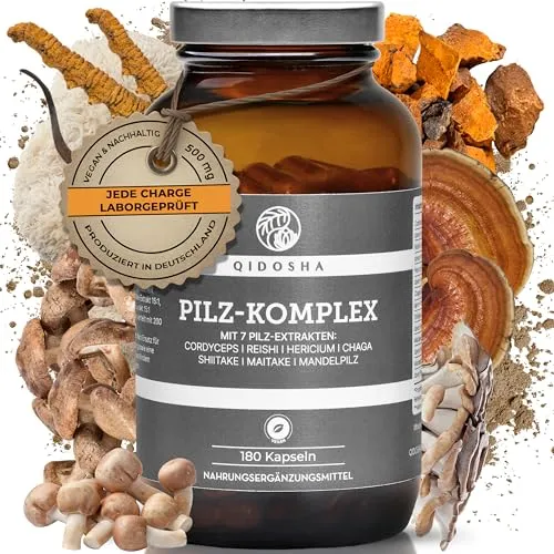 QIDOSHA® Pilz Komplex Kapseln - 180 hochreine Dual-Extrakte - Entdecken Sie unseren hochwertigen Pilz-Komplex mit Dual-Extrakten aus 7 Vitalpilzen, ideal für die tägliche Unterstützung der Pflege. Hergestellt in Deutschland und in umweltfreundlichem Glas verpackt.