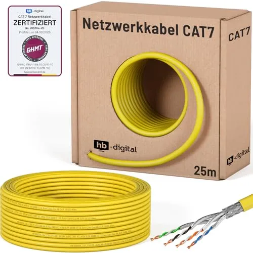 HB-DIGITAL 25m CAT 7 Netzwerkkabel LAN Kabel Verlegekabel Ethernet Installationskabel 10 Gbit/s AWG23 S/FTP - GHMT Zertifiziert - reines Kupfer LSZH BauPVO Klasse Cca Datenkabel Simplex - Gelb