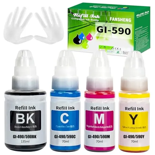 GI590 GI490 Tinte kompatibel mit Canon GI-590 GI-490 Tintenfehlflaschen für PIXMA G1400 G1410 G2400 G2410 G3400 G4400 G4411 G1500 G1510 G2500 G2510 G3500 G3510 G4500 G1501 5600 Seiten(4 Pack BK/C/M/Y)