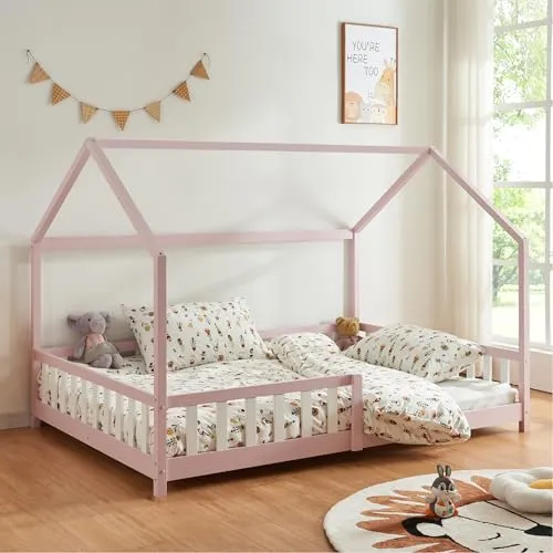 Hausbett ‘Hesel’ für Kinder mit Rausfallschutz 140 x 200 cm - Rosa - Kinderzimmermöbel: Charmantes Kinderbett aus natürlichem Holz mit gemütlicher Hausoptik, Rausfallschutz und einfachem Aufbau für süße Träume.