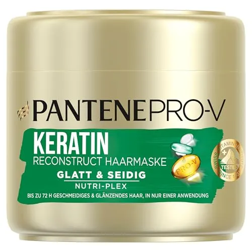 Pantene Pro-V Glatt & Seidig Keratin Reconstruct Haarmaske Für Widerspenstiges Haar, Haarpflege Glanz, Anti-Frizz, Anti Frizz, Haarkur, Haarmaske, Haare Kur, Haar Mask, Beauty, Gold, 300ml