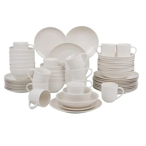 AMBITION Tafel und Kaffeeservice 12 personen Linea 60-teilig Porzellan Teller Tassen Schalen dezente Linien Spülmaschine & Mikrowelle weiß