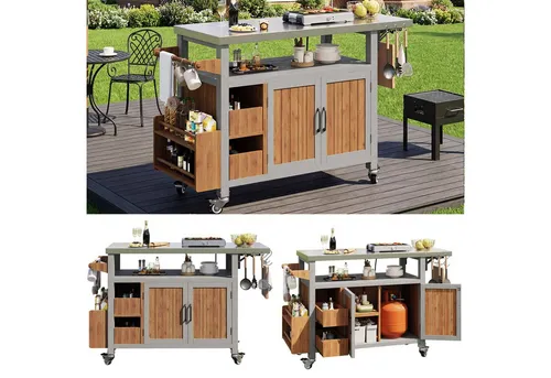 BBQ Beistelltisch aus Edelstahl mit Rollen und Haken