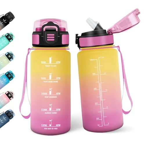 Motswedi Trinkflasche mit Strohhalm, 500ml BPA-Frei, Trinkflasche Sport, Auslaufsicher, Wasserflasche, Kohlensäure Geeignet, Trinkflaschen, für Yoga, Schule, Outdoors, Gelb Rosa