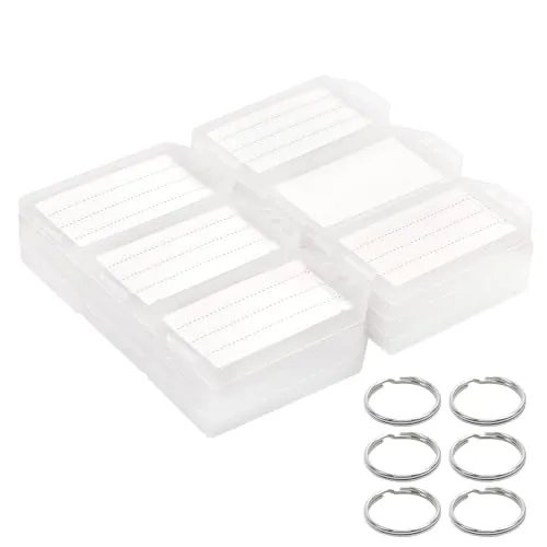 Coideal Weiße Kunststoff-Schlüsselanhänger mit Etiketten – 60 Stück, robuste Schlüsselanhänger-ID-Kennzeichnungen mit transparentem Etikettenfenster und starkem Spaltring für Gepäck